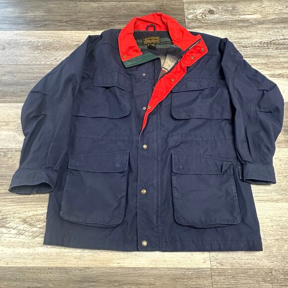 Vintage 90s Eddie Bauer Blue Men L Zip Up Wool Blanket Lined Mountain Chore Coat - Picture 1 of 7